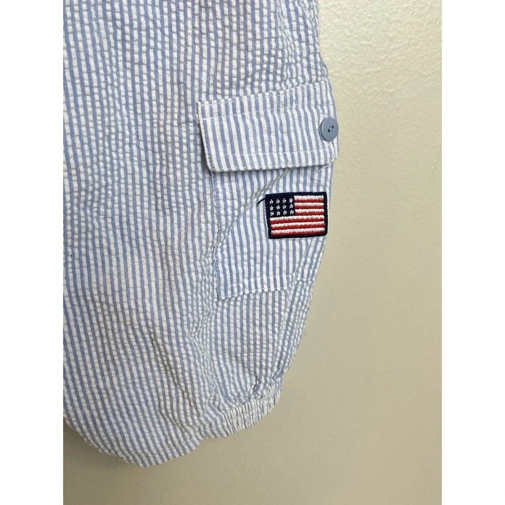 Vtg Striped Romper Bear Flag Americana  24 Months Toddler Blue White Patriotic